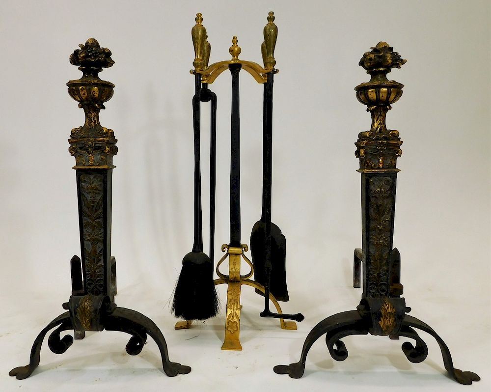 Appraisal: PR European Ornate Andirons Fireplace Tools Europe th Century Ornate