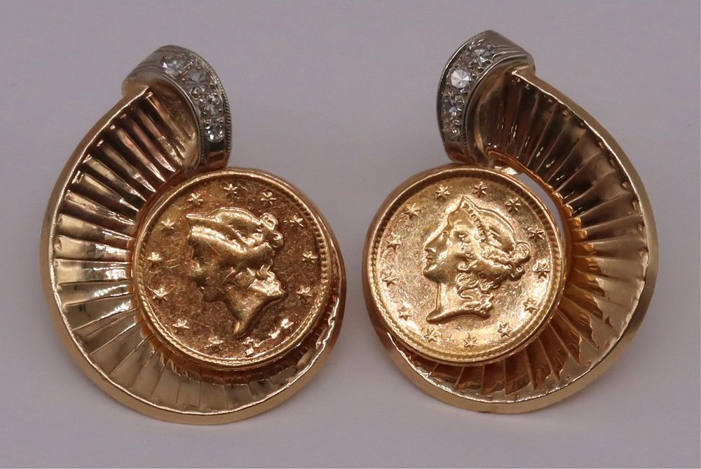 Appraisal: JEWELRY kt Gold Coin and Diamond Earrings Pair of kt