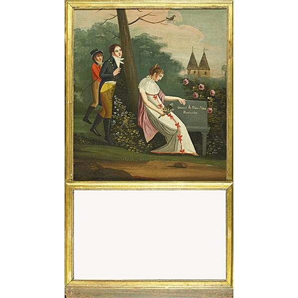 Appraisal: FRENCH TRUMEAU MIRROROil painting Quand Le Bien Aime Reviendra th