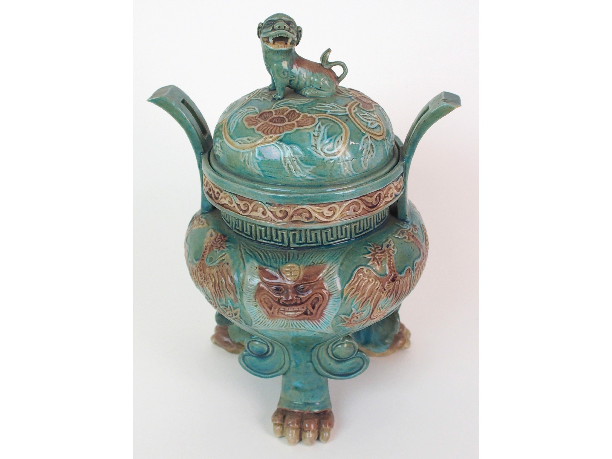 Appraisal: A Chinese two handled censer and coverwith shishi finial decorated