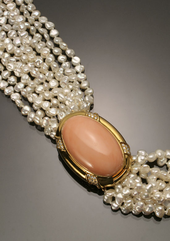 Appraisal: Matinee Length -Karat Yellow-Gold Diamond Coral and Freshwater Pearl Necklace