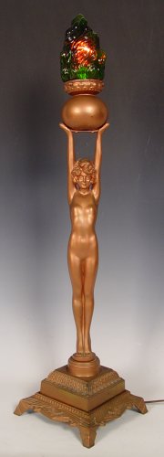 Appraisal: DECO NUDE FIGURAL LAMP WITH GREEN FLAME SHADE Copper finish