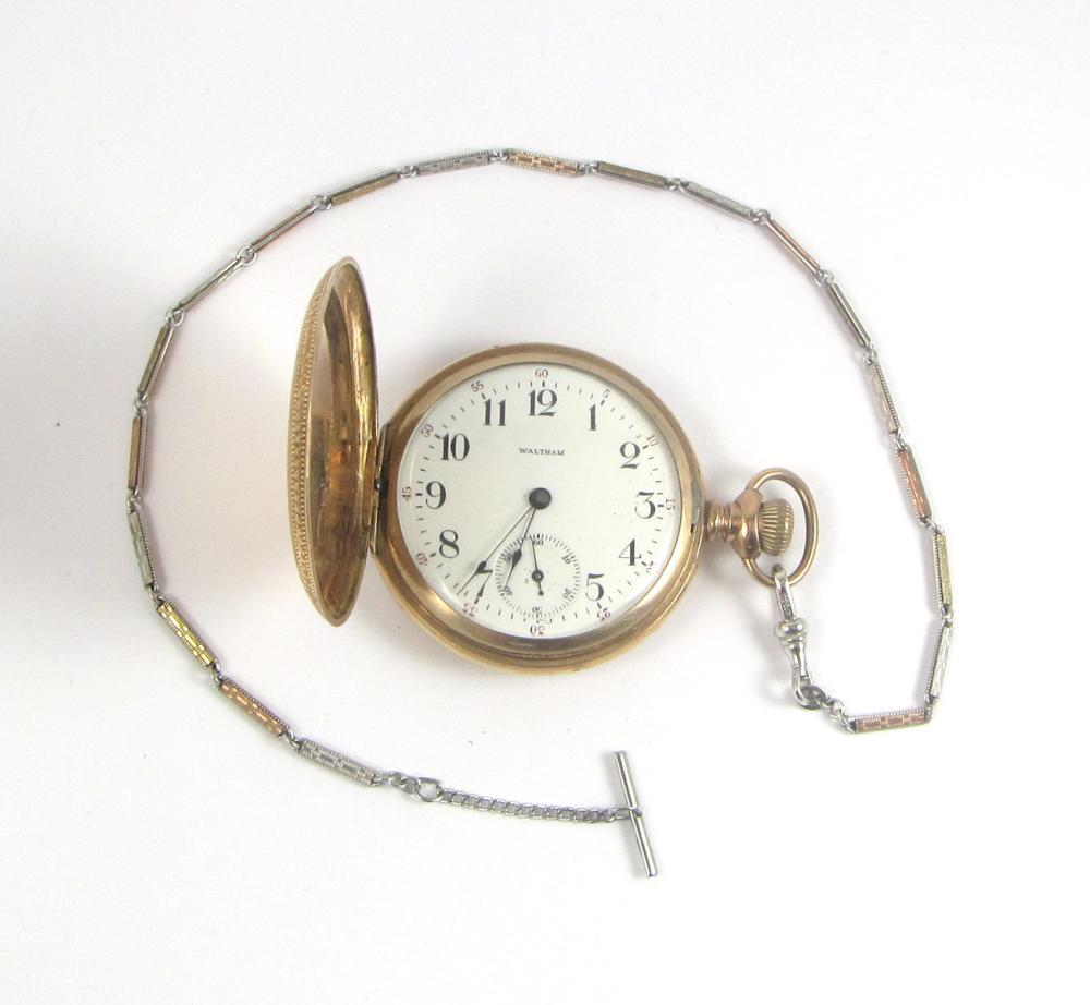 Appraisal: AMERICAN WALTHAM HUNTING CASE POCKET WATCH WITH CHAIN grade model