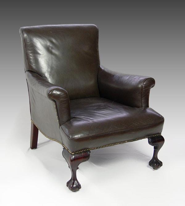 Appraisal: BALL AND CLAW FOOT LEATHER LIBRARY CHAIR Chocolate brown leather