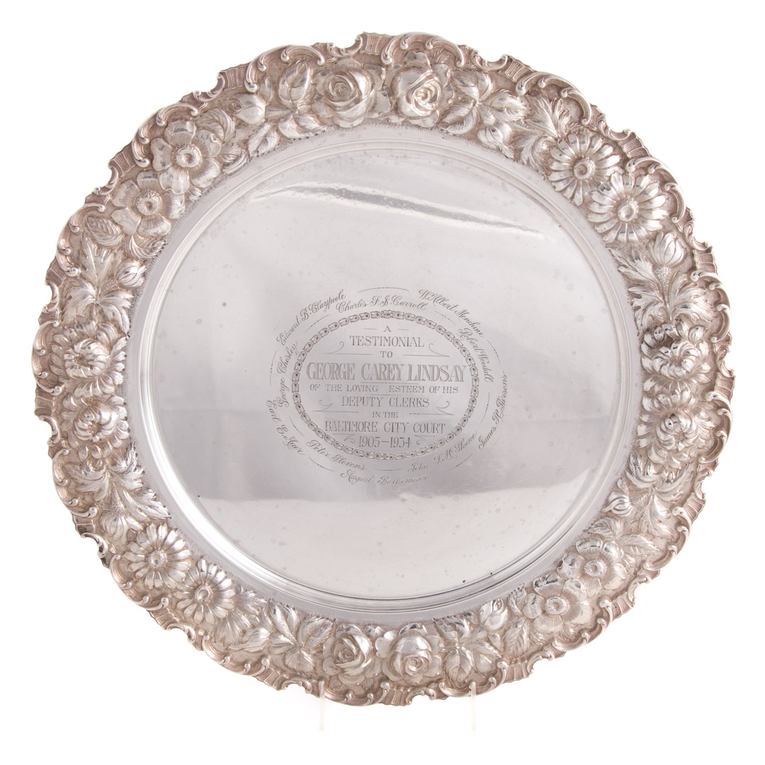 Appraisal: Stieff Rose sterling round presentation tray hand chased model in