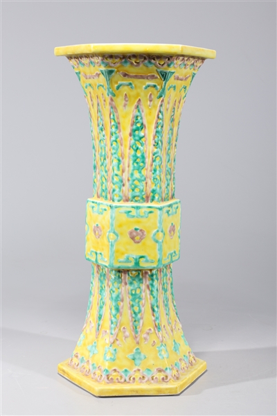 Appraisal: Chinese famille verte enameled porcelain faceted hexagonal vase with six-character