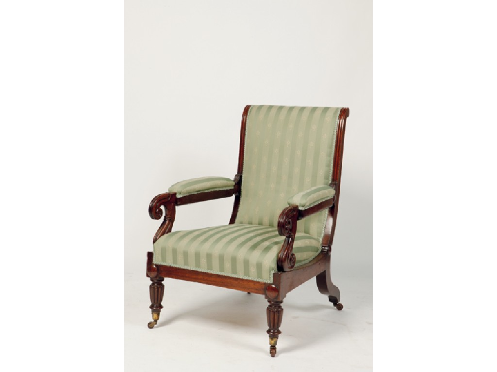 Appraisal: A REGENCY MAHOGANY ARMCHAIR the moulded frame with downswept arms