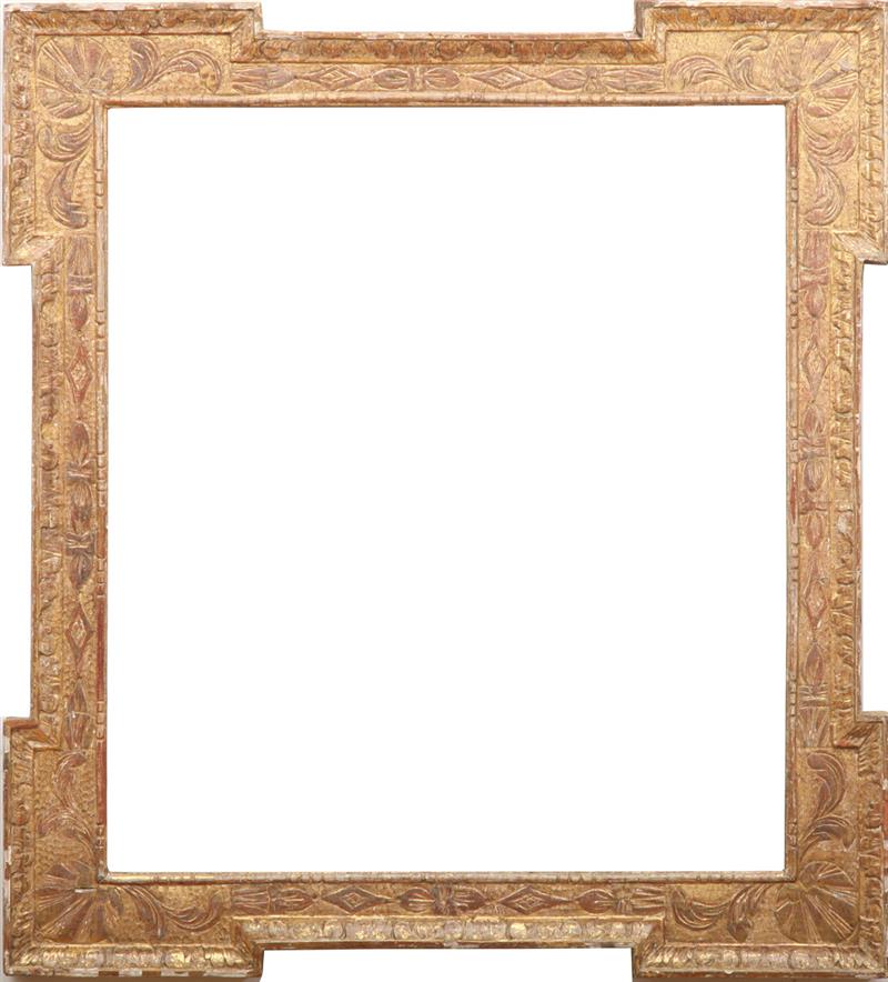 Appraisal: ENGLISH GILTWOOD AND GESSO PICTURE FRAME With the outset corners