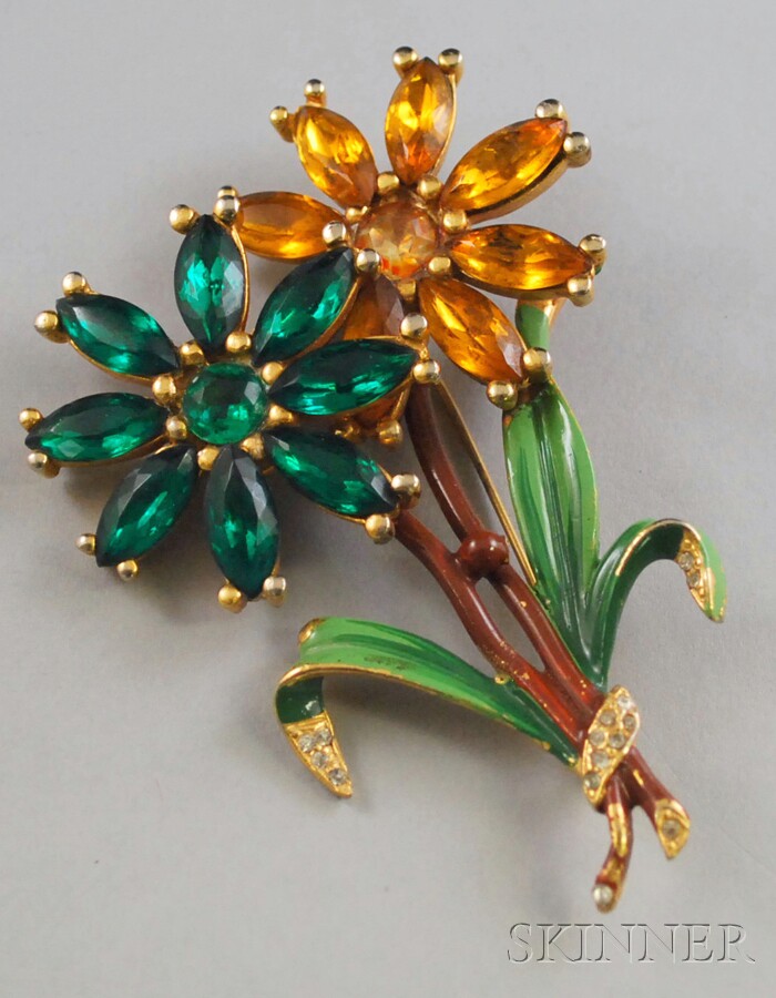 Appraisal: Vintage Chanel Enamel Paste and Rhinestone Flower Brooch signed lg