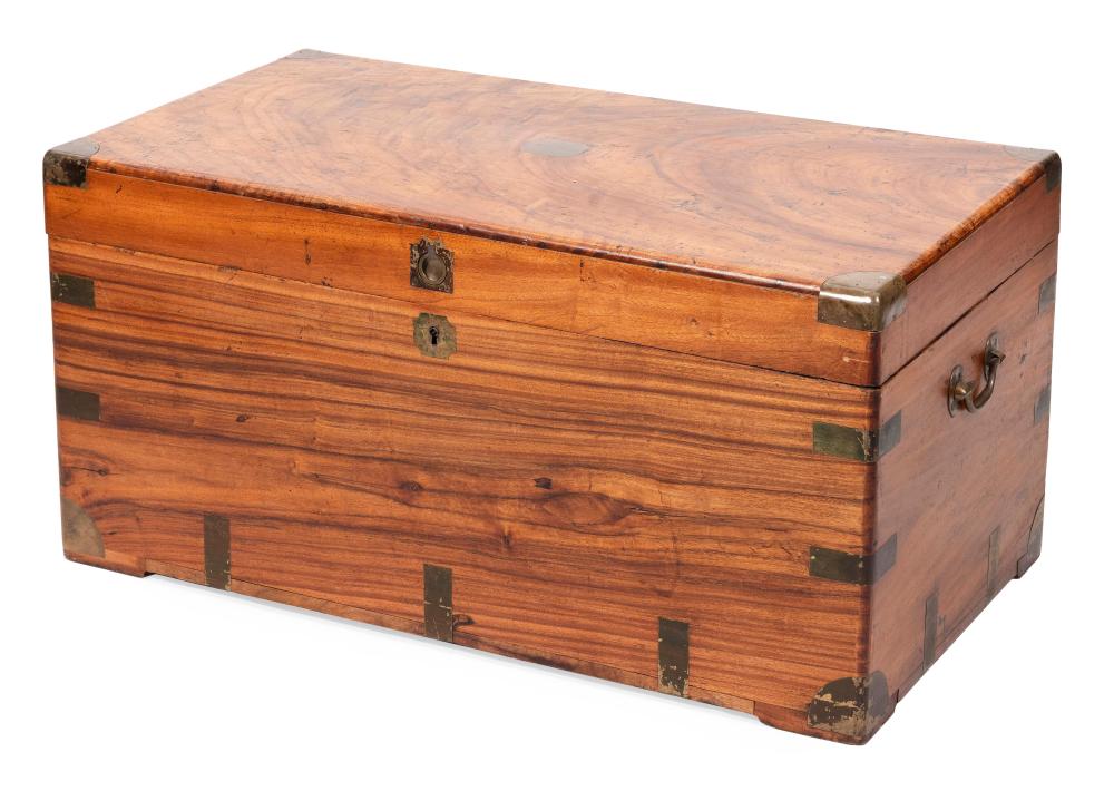 Appraisal: BRASS-BOUND CAMPHORWOOD LIFT-TOP TRUNK th Century Exceptional grained camphorwood Brass