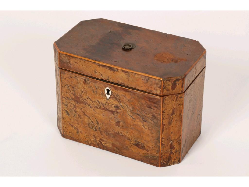 Appraisal: A GEORGE III BURR WOOD TEA CADDY with canted corners