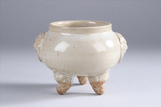 Appraisal: CHINESE BEIGE GLAZED PORCELAIN TRIPOD CENSER Yuan Dynasty style Fu