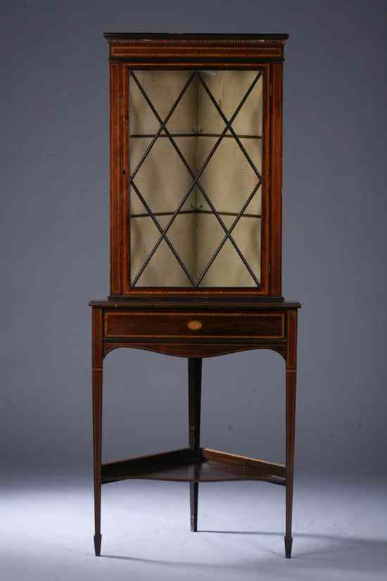 Appraisal: AMERICAN HEPPLEWHITE STYLE MAHOGANY AND SATINWOOD INLAID CORNER CABINET Fitted