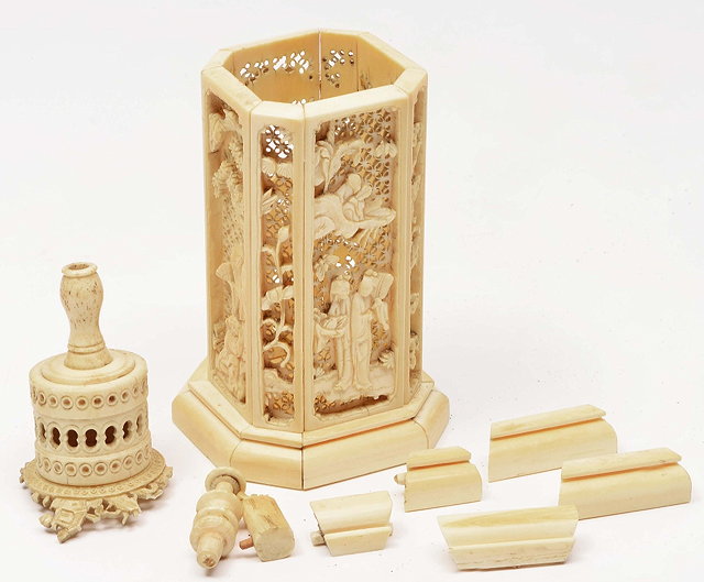 Appraisal: A CHINESE CANTON CARVED IVORY OCTAGONAL BRUSH HOLDER the panels