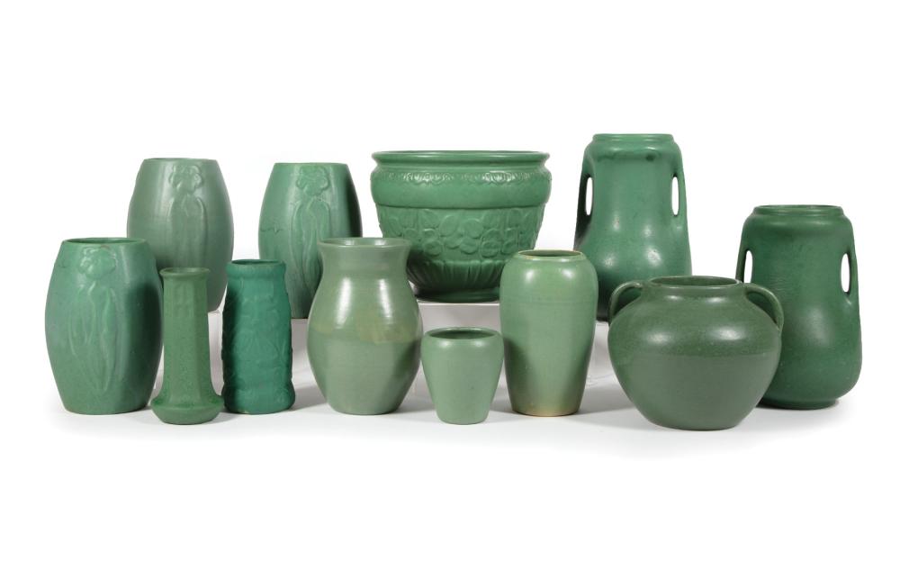 Appraisal: Group of Zanesville Matte Green Art Pottery c s inscribed