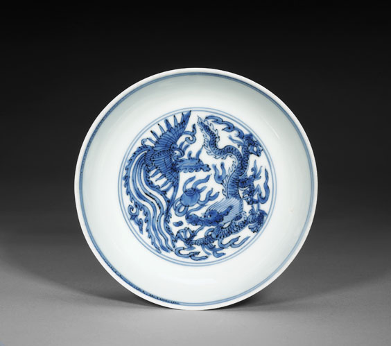 Appraisal: LONGQING MING DRAGON AND PHOENIX DISH Rare Chinese Ming Dynasty