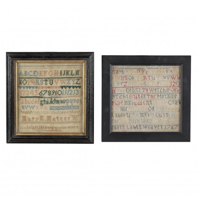 Appraisal: TWO FRAMED ANTIQUE NEEDLEWORK SAMPLERS The first worked in multi-color