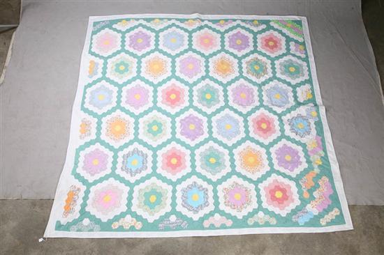 Appraisal: PIECED QUILT Grandma''s Flower Garden pattern with green and white