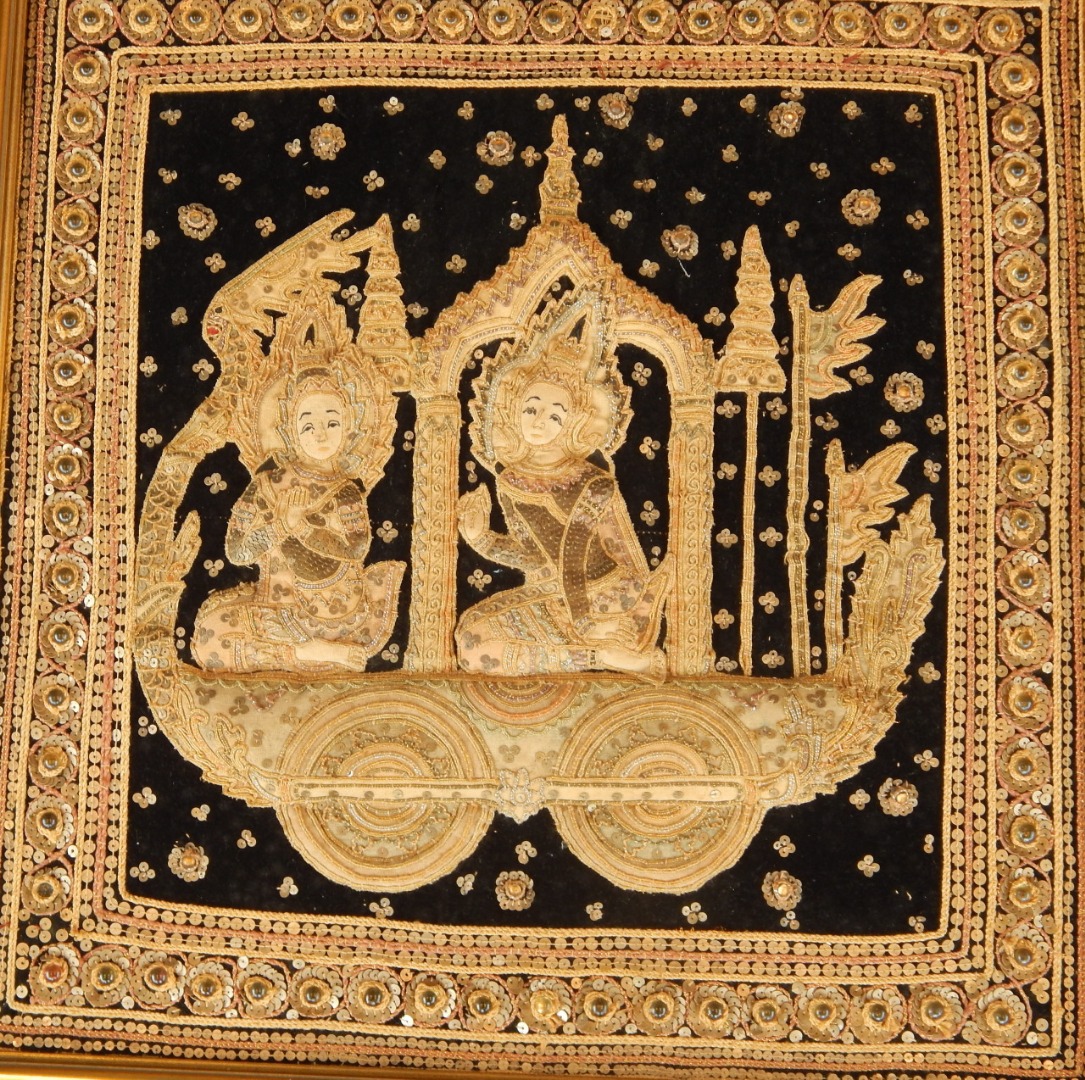 Appraisal: An Indian or Thai sequin embroidered picture depicting two female