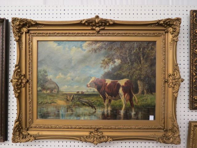 Appraisal: S Lenders oil landscape with cows one standing in a