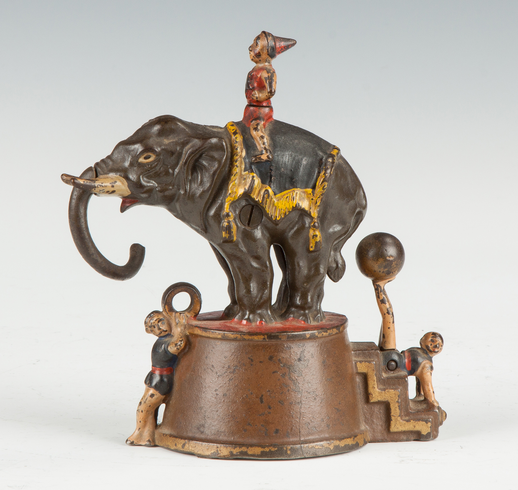 Appraisal: Mechanical Elephant Three Clowns Bank Pat