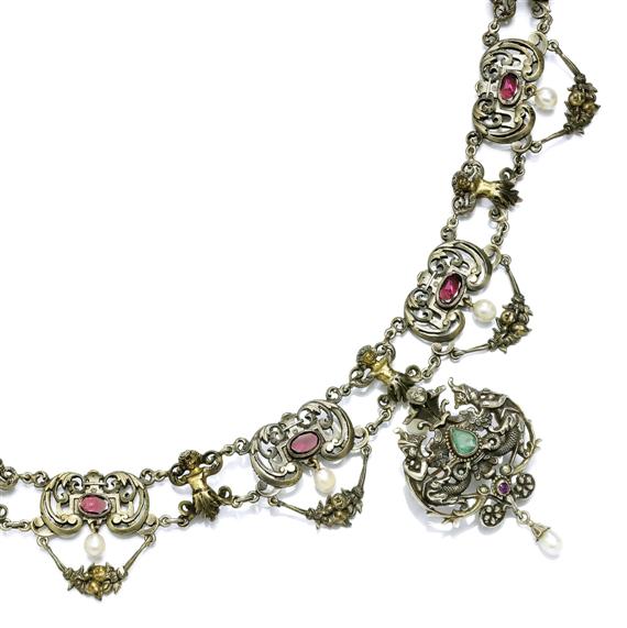 Appraisal: AN EMERALD DIAMOND GARNET AND PEARL ENSEMBLE circa Partially gilded