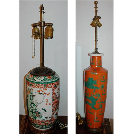 Appraisal: Two Chinese Famille Verte Porcelain Lamps Estimate -