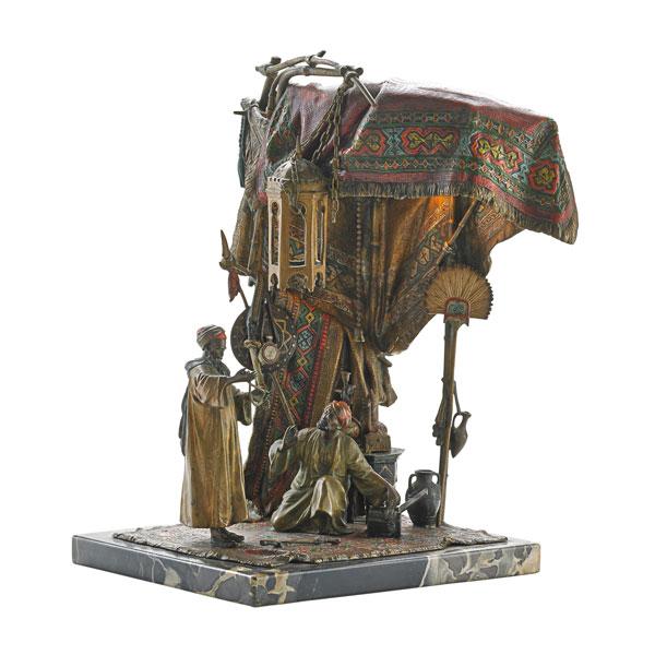 Appraisal: VIENNA BRONZE ORIENTALIST LAMP Polychrome cold-painted Arab figures under a