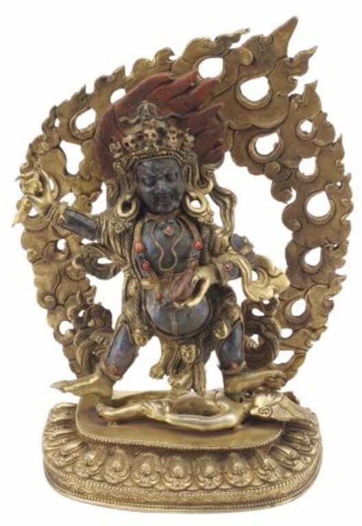 Appraisal: GILT BRONZE STONE FIGURE OF MAHAKALABronze dore and semiprecious stone