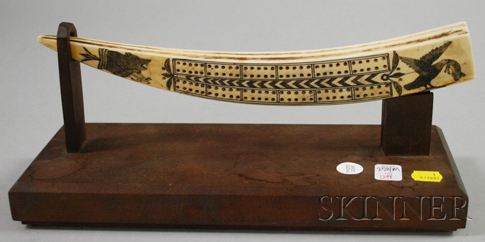 Appraisal: Walrus Tusk Cribbage Board with Scrimshaw Decoration engraved on both