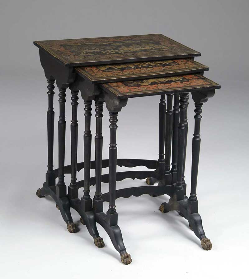 Appraisal: FINE NESTING SET OF THREE JAPANNED STACK TABLES A graduated