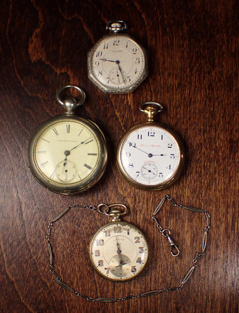 Appraisal: FOUR OPEN FACE POCKET WATCHES Waltham model jewel size s