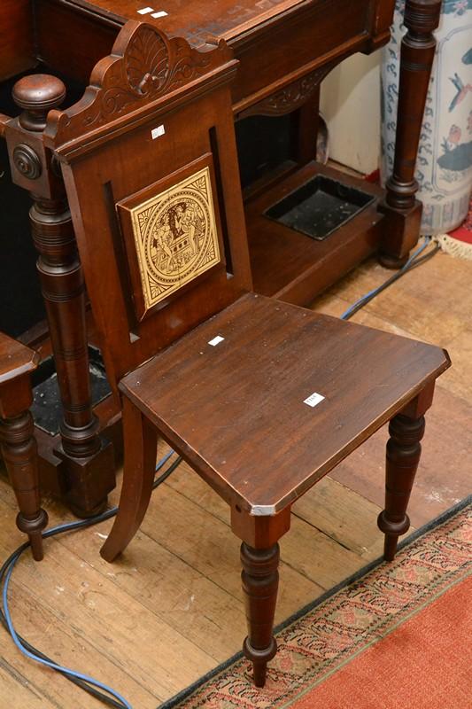 Appraisal: A PAIR OF EDWARDIAN CEDAR HALL CHAIRS WITH TILE INSET