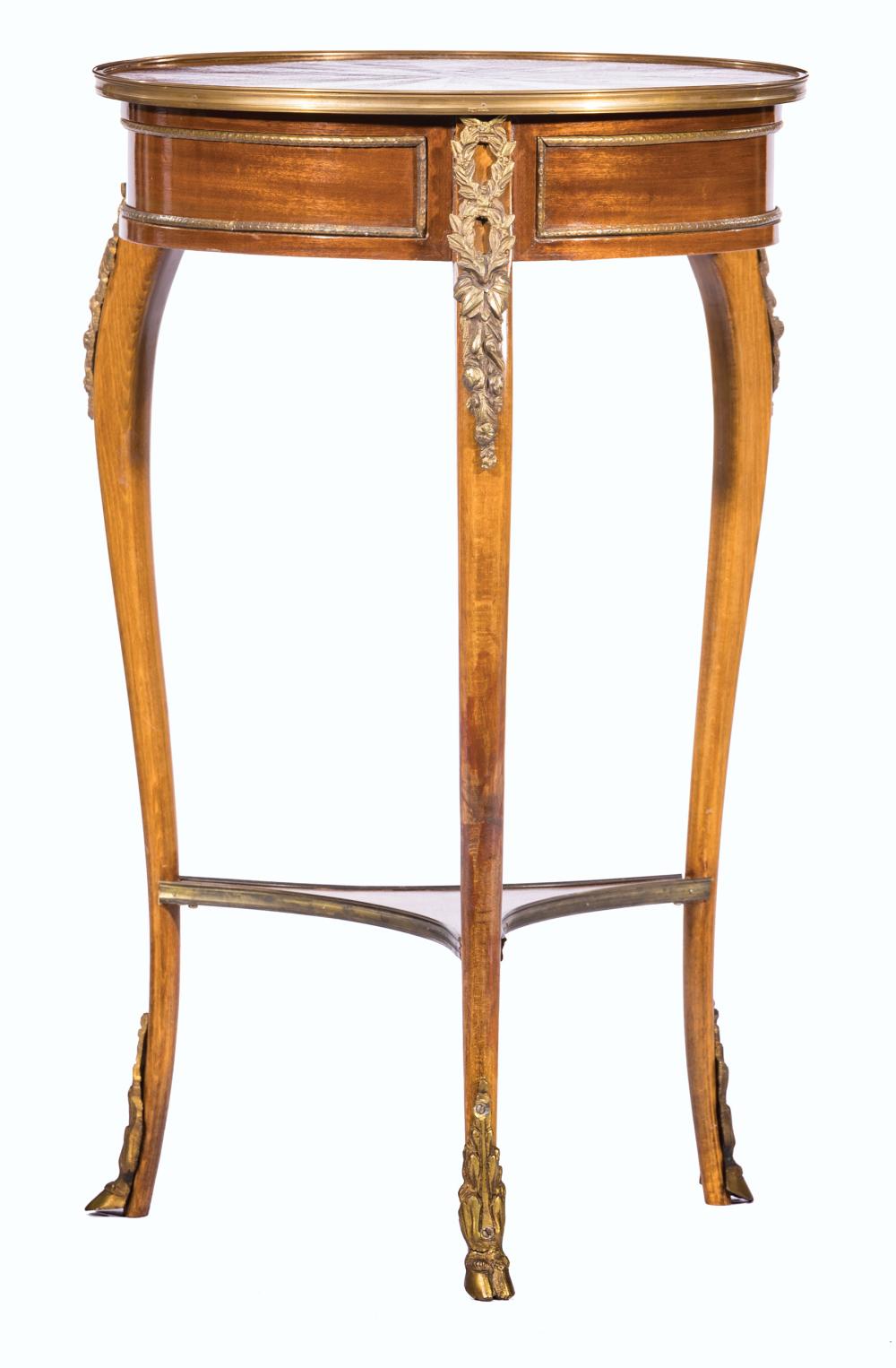 Appraisal: Louis XVI-Style Bronze-Mounted Fruitwood and Parquetry Occasional Table banded top