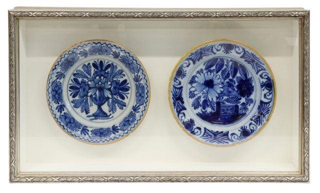 Appraisal: Framed Delft blue and white faience plates two plates with