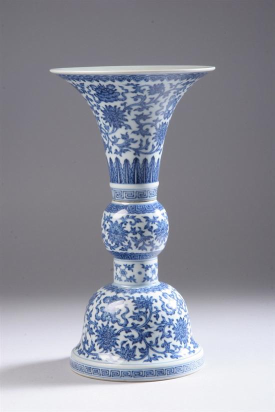 Appraisal: CHINESE BLUE AND WHITE PORCELAIN GU-FORM VASE Jiaqing six-character underglazed