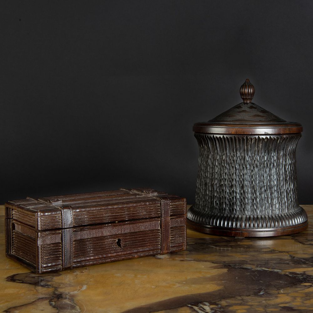 Appraisal: Anglo-Indian Ebony Engine Turned Covered Box Together with a carved