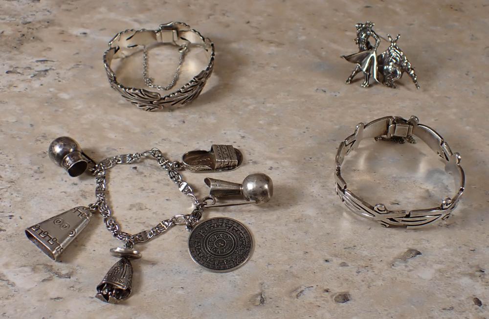 Appraisal: FOUR ARTICLES OF MEXICAN SILVER JEWELRY including link bracelet marked