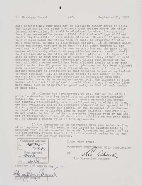 Appraisal: HUMPHREY BOGART Contract signed by Bogart for Deadline U S