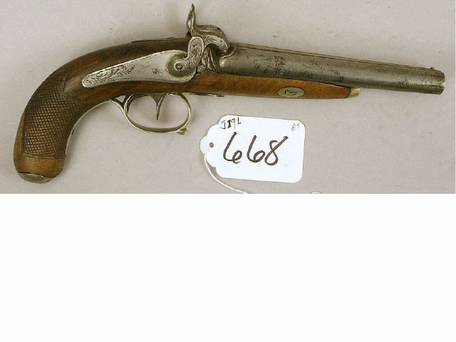 Appraisal: European Double Barreled Bore Howda pistol silver patina overall engraved