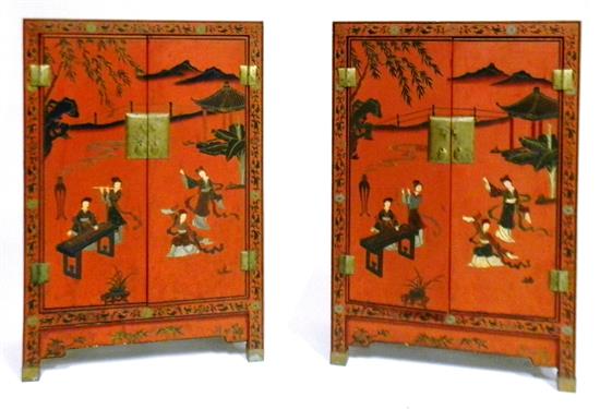 Appraisal: ASIAN pair th C Chinese red lacquered cabinets hand-painted and