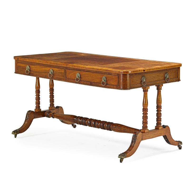 Appraisal: REGENCY LIBRARY TABLE Mahogany with banded inlay and stretcher base