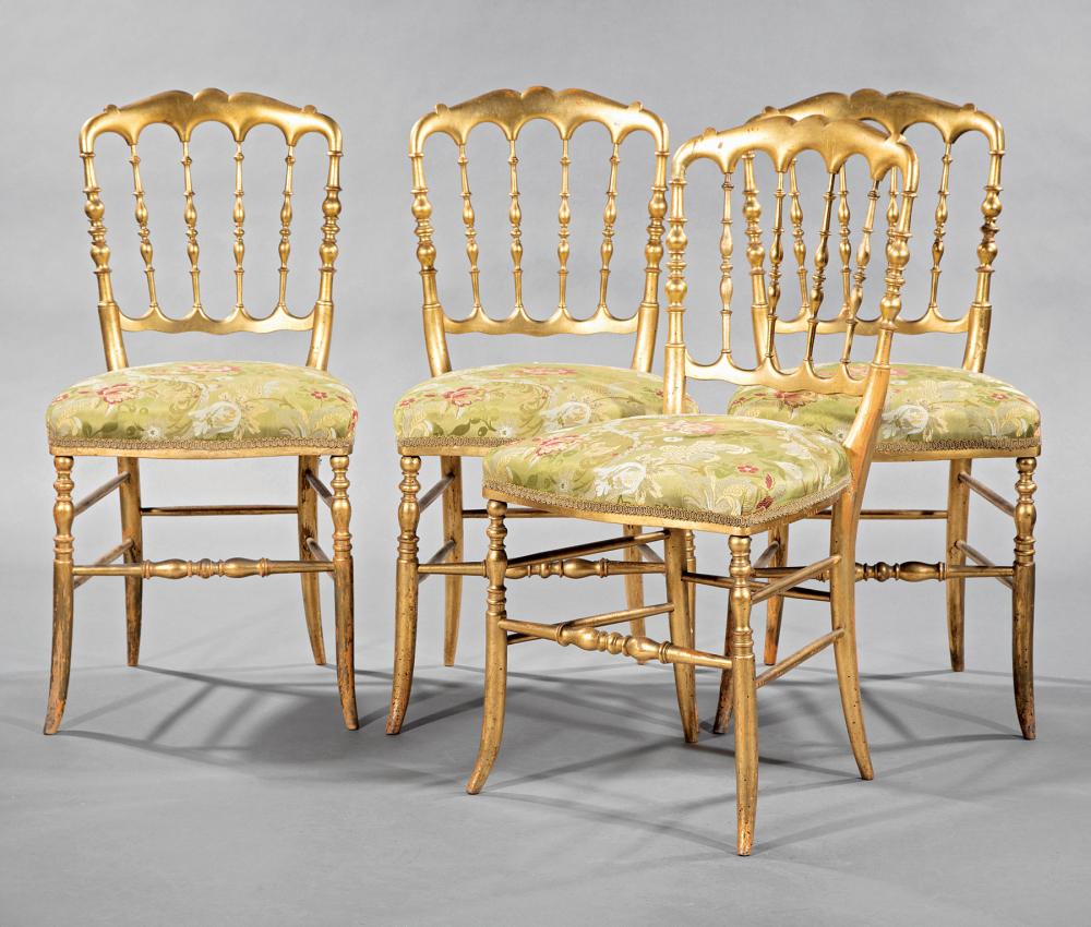 Appraisal: Four Giltwood Music Room Chairs late th c shaped crest