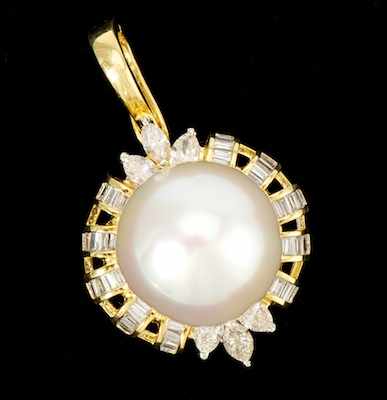 Appraisal: A Ladies' mm Pearl and Diamond Pendant k yellow gold