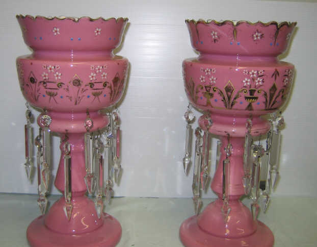 Appraisal: PAIR OF CASED GLASS PRISMED LUSTRES Pink overlay white of