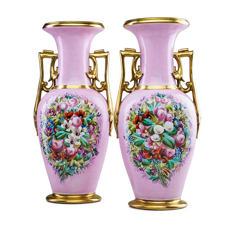 Appraisal: PAIR OF PARIS PORCELAIN VASES Hand-painted floral cornucopias on rose