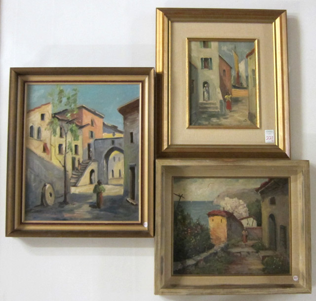 Appraisal: THREE OIL PAINTINGS OF MEDITERRANEAN VILLAGES th century illegibly signed