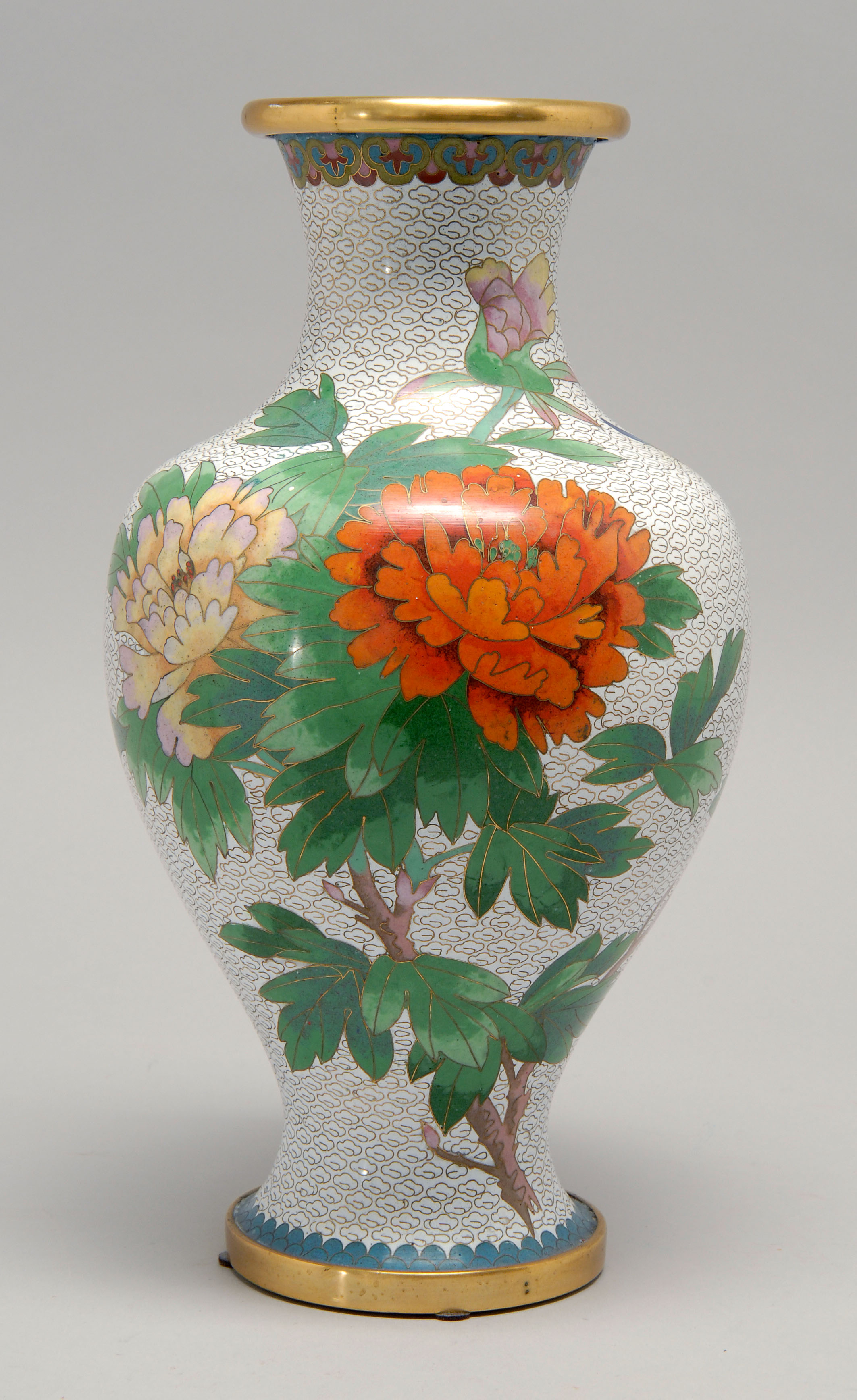 Appraisal: CLOISONN ENAMEL VASE th CenturyIn baluster form with peony butterfly