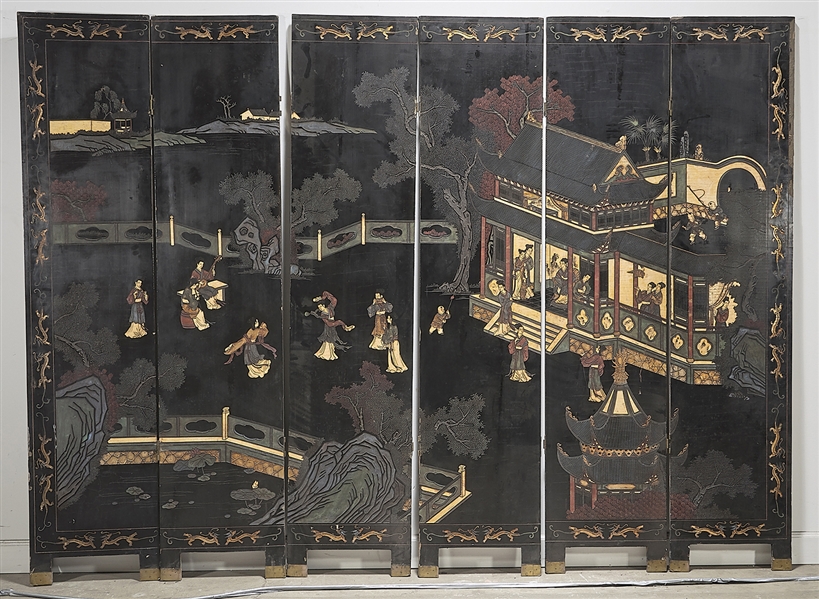 Appraisal: Chinese six-panel carved and painted wood screen depicting figures in