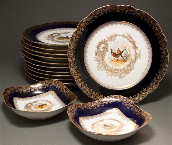 Appraisal: Set of eleven Limoges painted transfer decorated cobalt banded porcelain